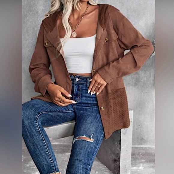 🥳HP 11/28/22🎉Hooded Long Sleeve Button Front Corduroy Jacket Color: Brown - Picture 3 of 6